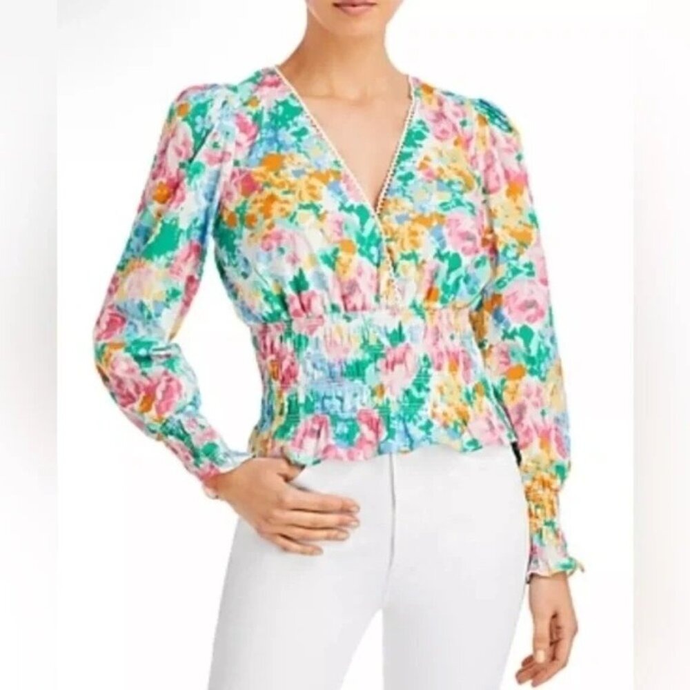 WAYF Watercolor Floral Print Picot Trim‎ Smocked Waist Long Sleeve V-Neck Top XS